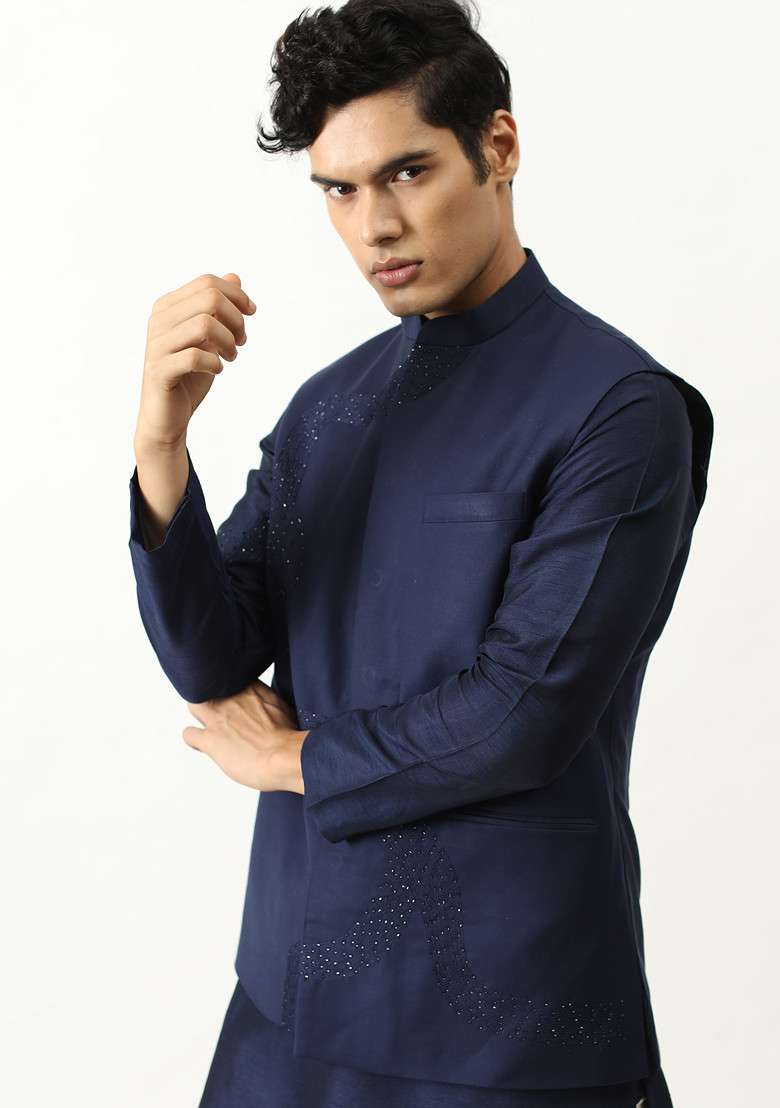 Midnight Blue Bundi Jacket And Kurta Set For Men - Indya