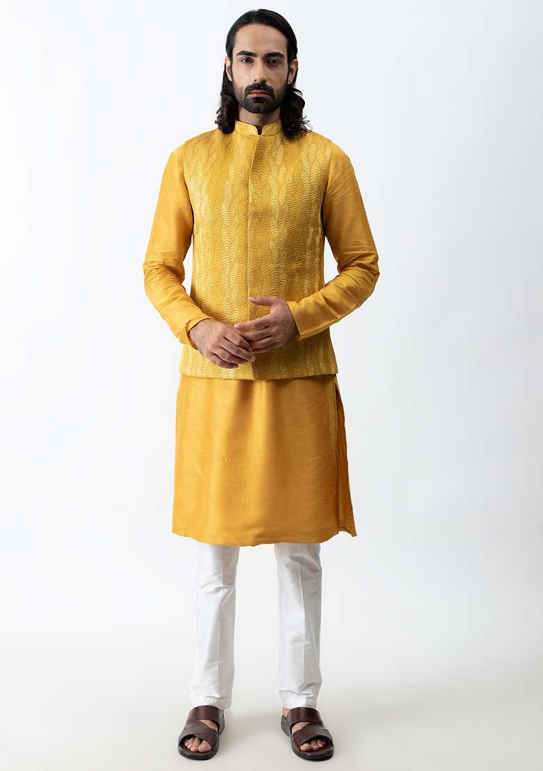 Mustard Yellow Threadwork Bundi Jacket And Kurta Set For Men - Indya