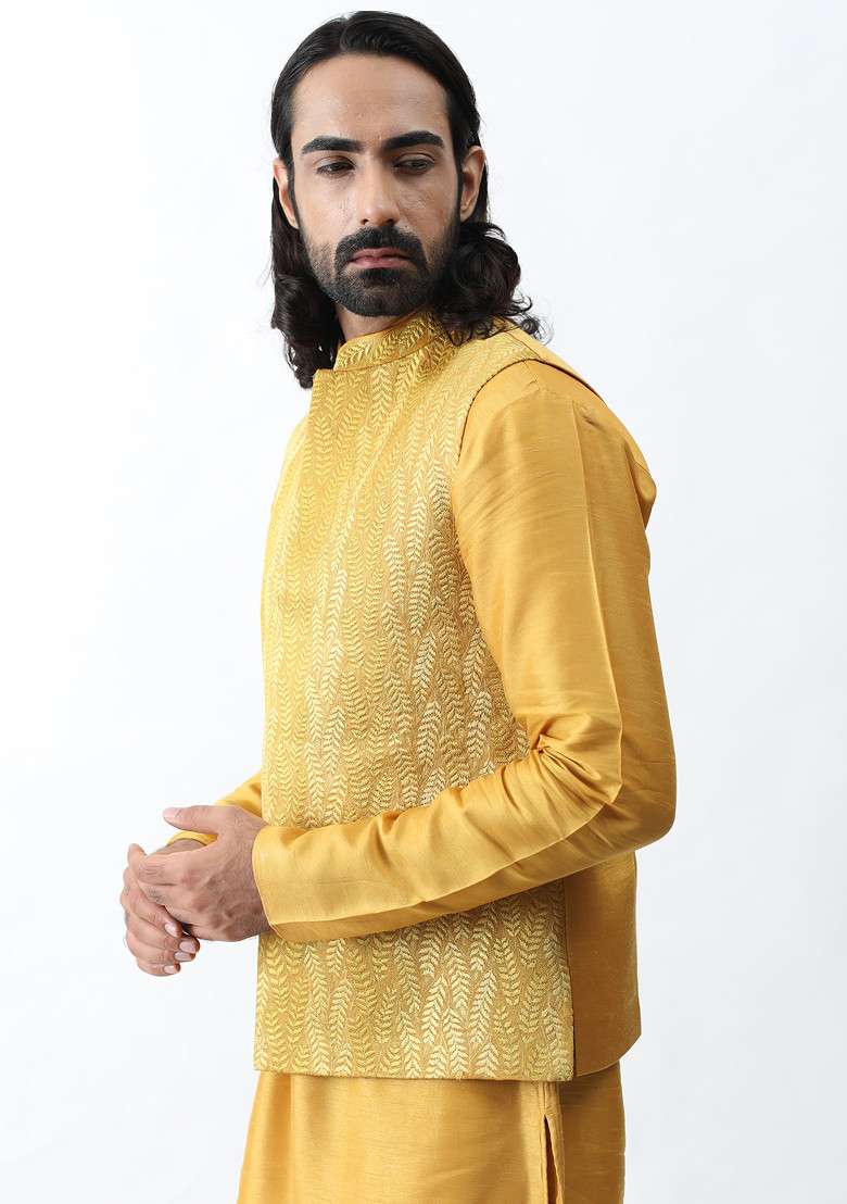 Mustard Yellow Threadwork Bundi Jacket And Kurta Set For Men - Indya