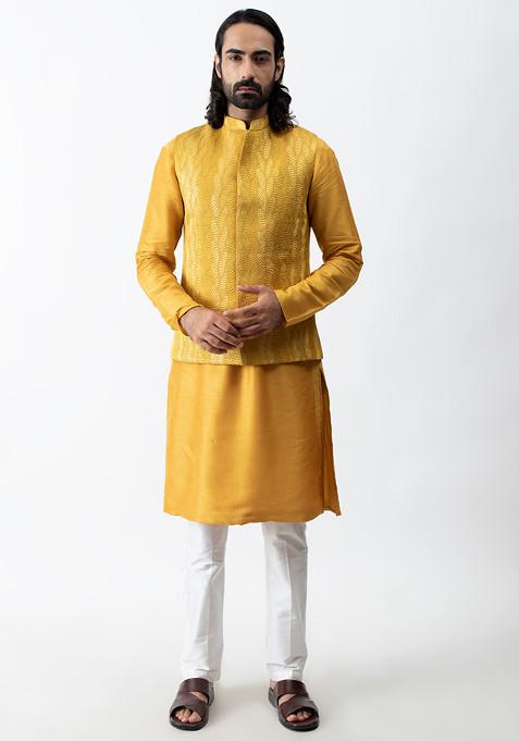 Mustard Yellow Threadwork Bundi Jacket And Kurta Set For Men