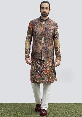 Black Printed Mirror Work Bundi Jacket And Kurta Set For Men