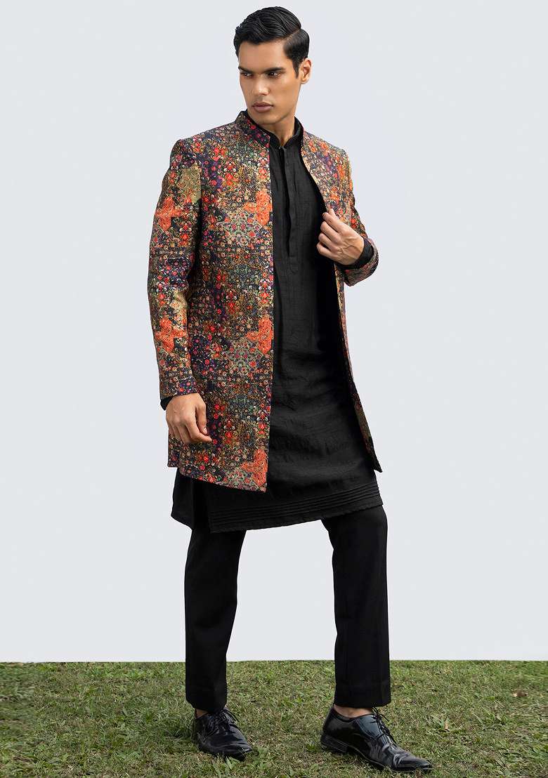 Black Pintuck Printed Kurta Set For Men - Indya
