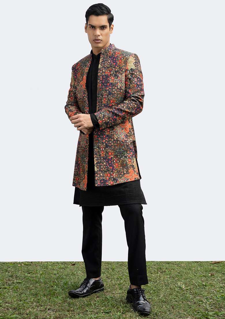 Black Pintuck Printed Kurta Set For Men - Indya