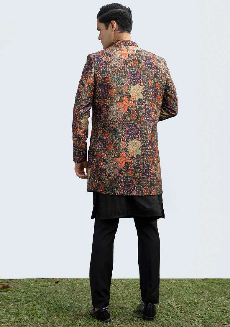 Black Pintuck Printed Kurta Set For Men - Indya