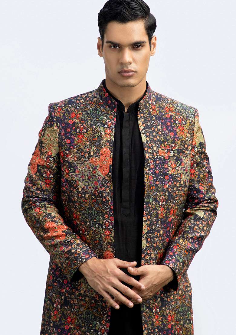 Black Pintuck Printed Kurta Set For Men - Indya