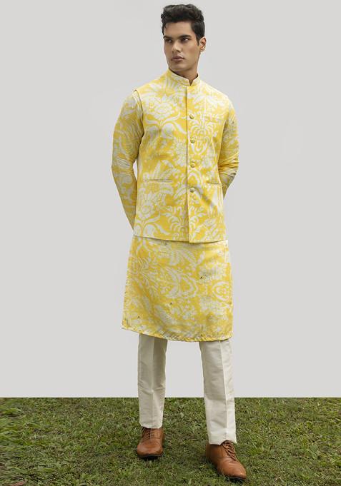 Yellow Printed Mirror Work Bundi Jacket And Kurta Set For Men