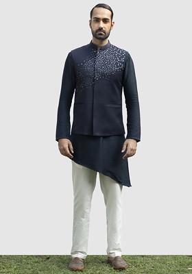 Navy Blue Asymmetric Bundi Jacket And Kurta Set For Men