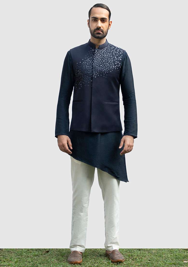 Navy Blue Asymmetric Bundi Jacket And Kurta Set For Men - Indya