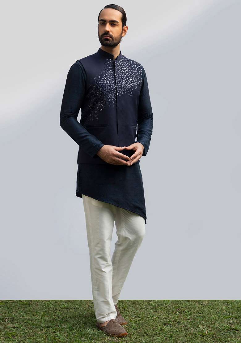 Navy Blue Asymmetric Bundi Jacket And Kurta Set For Men - Indya