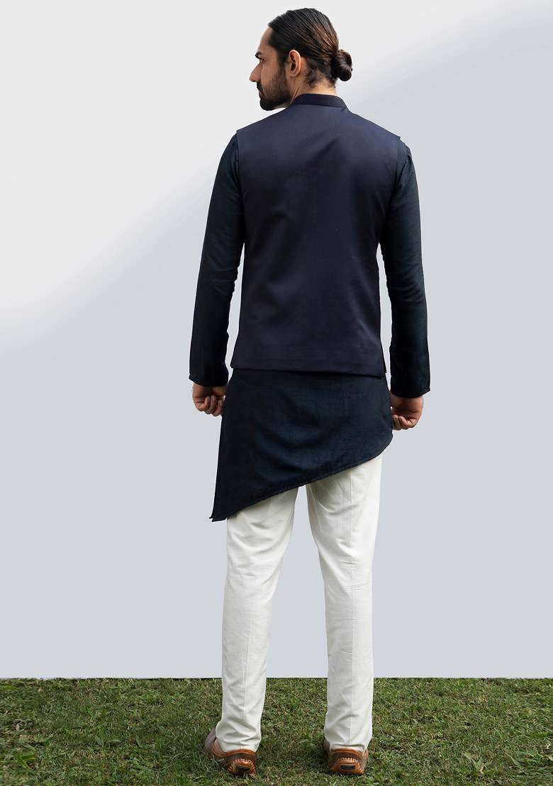 Navy Blue Asymmetric Bundi Jacket And Kurta Set For Men - Indya