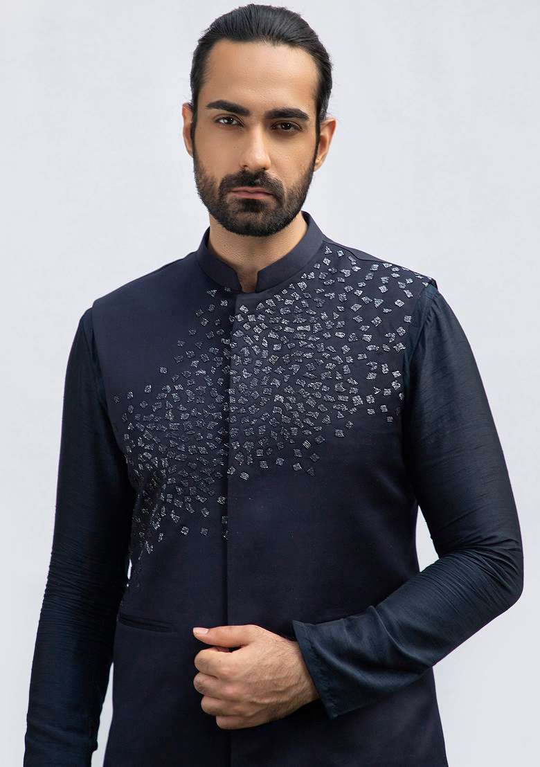 Navy Blue Asymmetric Bundi Jacket And Kurta Set For Men - Indya