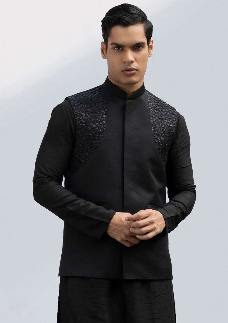 Black Embellished Pintuck Bundi Jacket And Kurta Set For Men - Indya