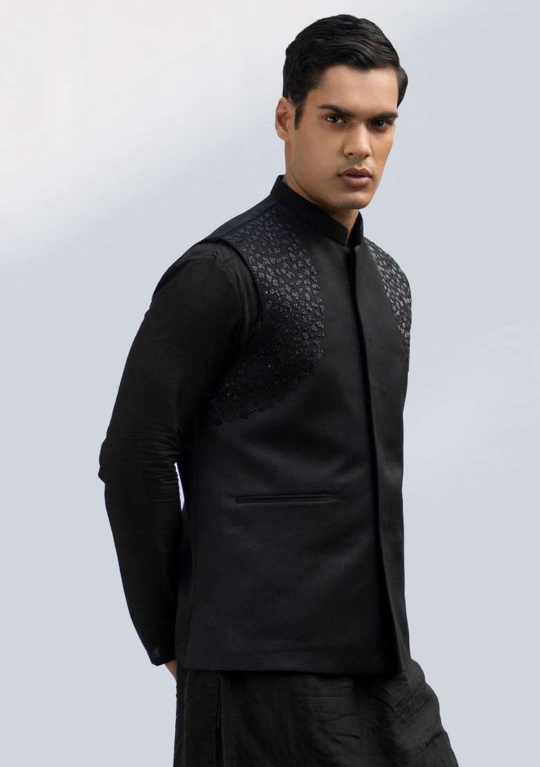 Black Embellished Pintuck Bundi Jacket And Kurta Set For Men - Indya