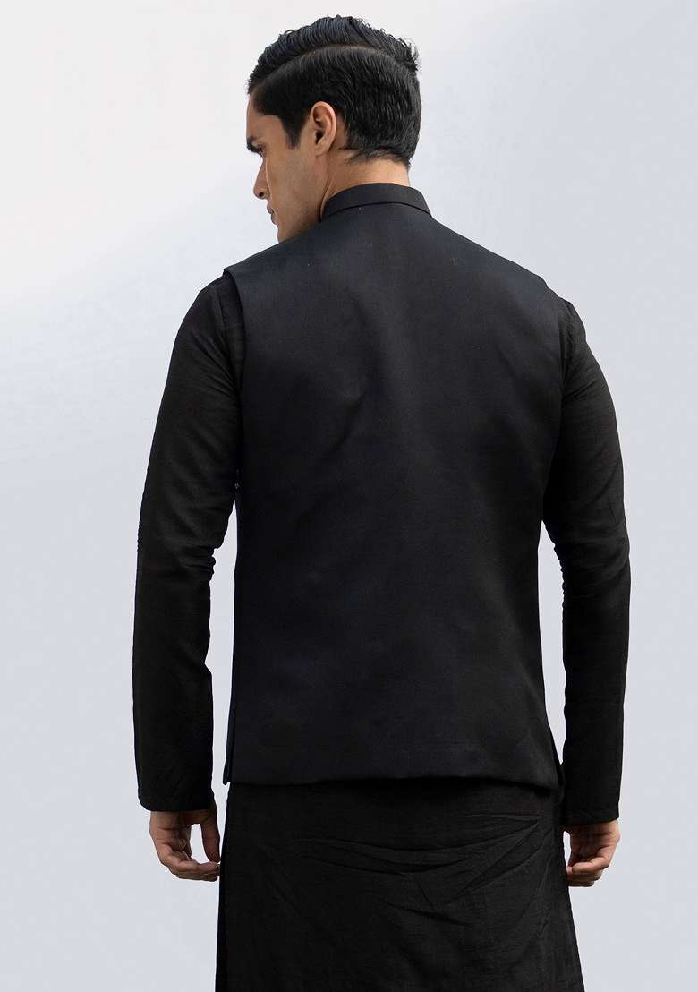 Black Embellished Pintuck Bundi Jacket And Kurta Set For Men - Indya