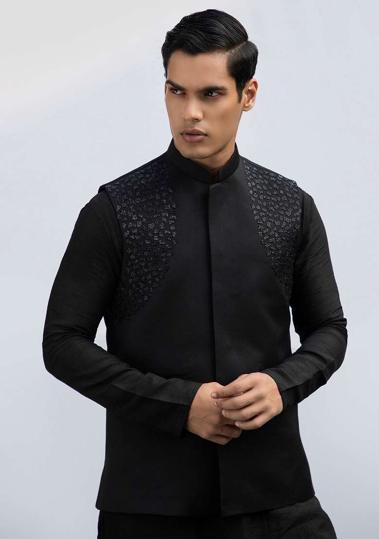 Black Embellished Pintuck Bundi Jacket And Kurta Set For Men - Indya