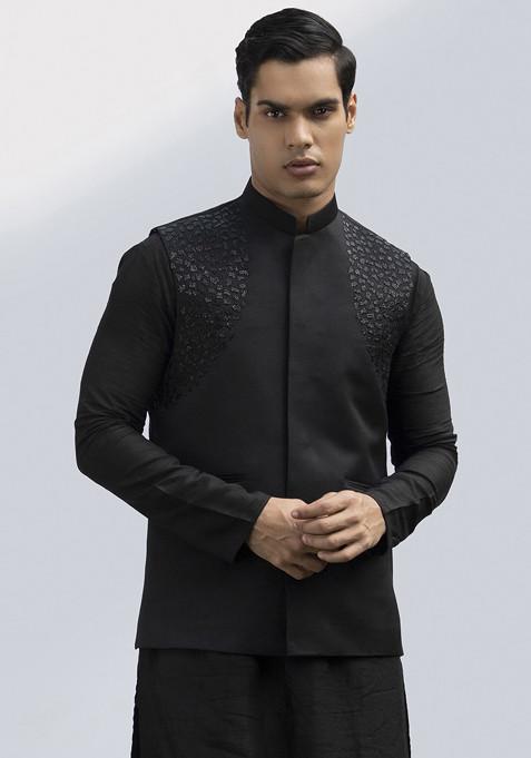 Black Embellished Pintuck Bundi Jacket And Kurta Set For Men