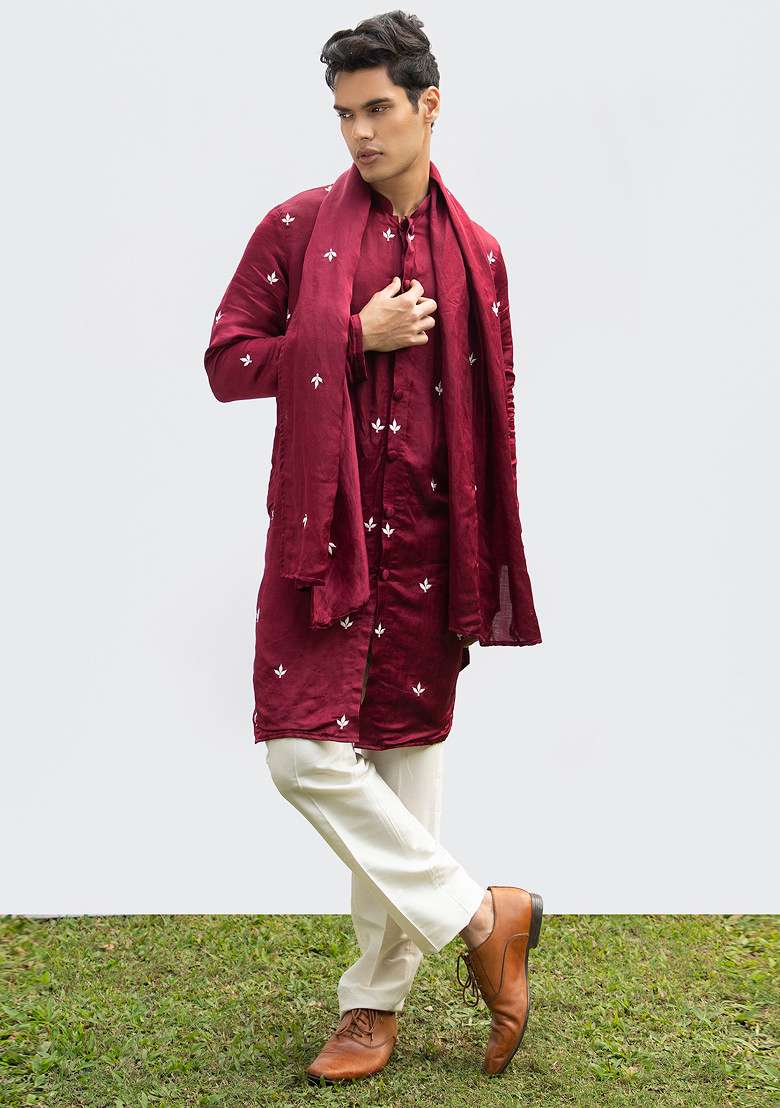 Maroon Front Open Motif Kurta With Dupatta Set For Men - Indya