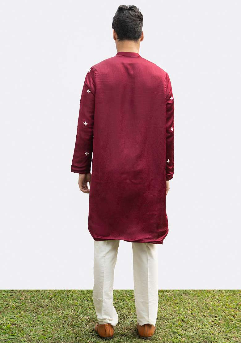 Maroon Front Open Motif Kurta With Dupatta Set For Men - Indya