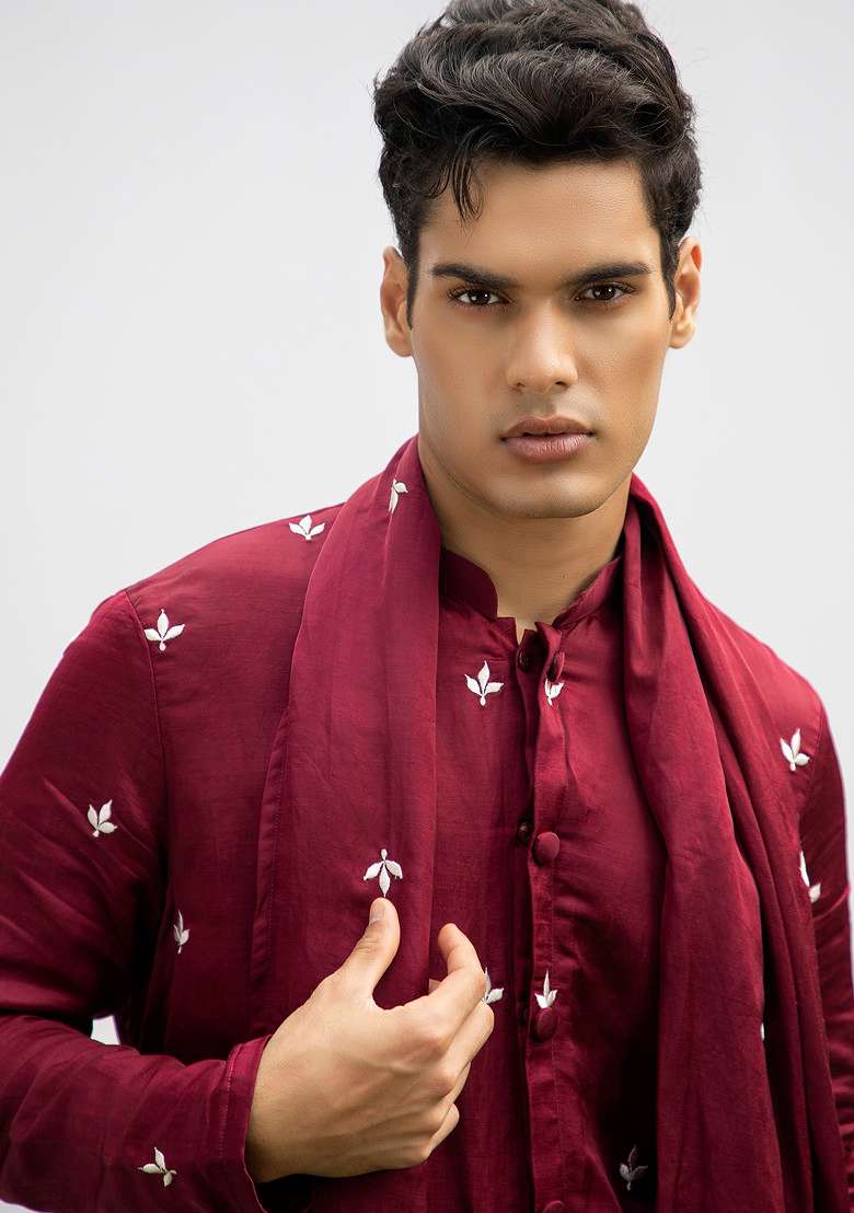 Maroon Front Open Motif Kurta With Dupatta Set For Men - Indya