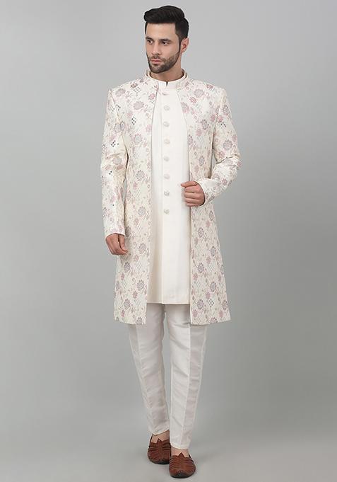 White Sequin Embroidered Gulnazm Sherwani Set For Men