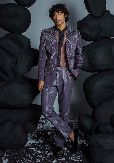 Deep Purple Embellished Jacket Set For Men