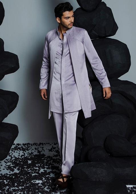 Misty Lilac Embroidered Open Jacket With Kurta Set For Men