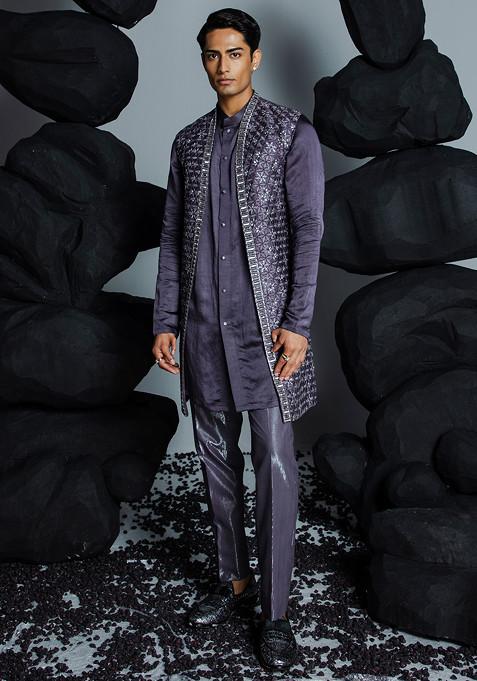 Deep Purple Embroidered Open Jacket With Kurta Set For Men