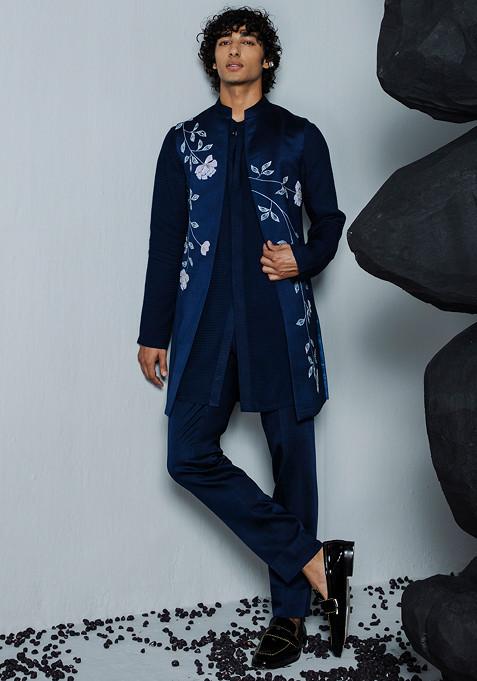 Navy Floral Hand Painted Open Jacket With Kurta Set For Men