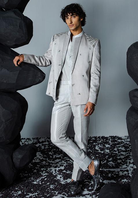 Grey Embroidered Linen Silk Jacket Set For Men