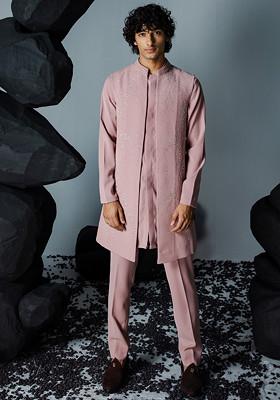 Rose Brown Embroidered Open Jacket With Kurta Set For Men