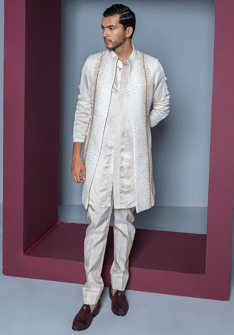 Ivory Embroidered Crystal Open Jacket With Kurta Set For Men