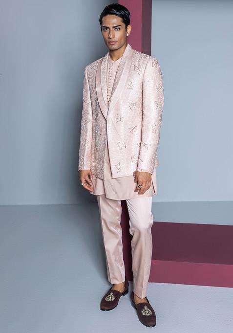 Light Pink Embroidered Khwaab Jacket Set For Men