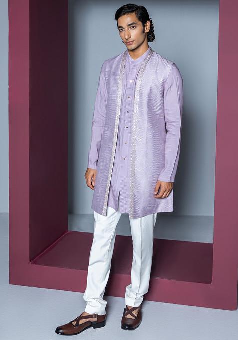 Lilac Embroidered Noor Open Jacket With Kurta Set For Men
