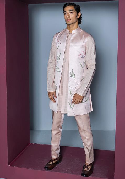Blush Pink Hand Painted Open Jacket With Kurta Set For Men