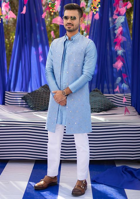 Blue Embroidered Glory Open Jacket With Kurta Set For Men