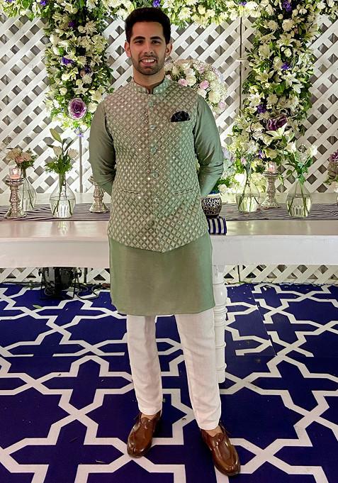 Green Embroidered Nehru Jacket Set For Men