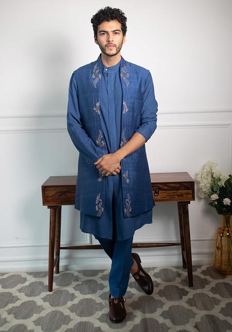 Indigo Embroidered Sapphire Open Jacket With Kurta Set For Men