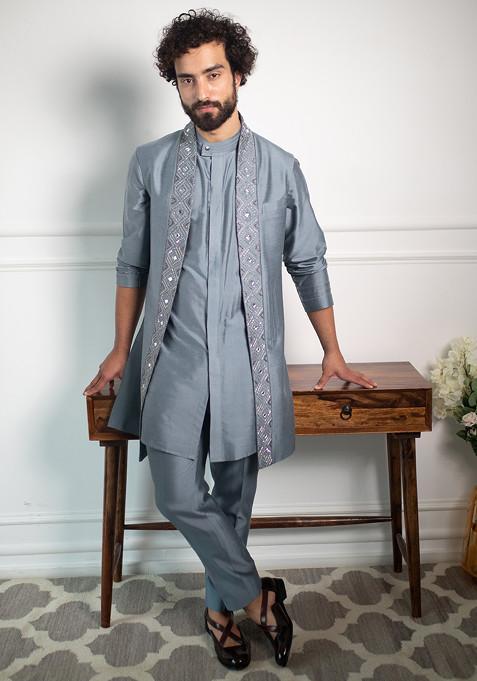 Grey Embroidered Light Open Jacket With Kurta Set For Men