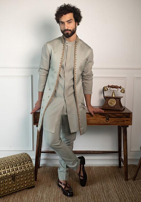 Dusty Olive Embroidered Open Jacket With Kurta Set For Men