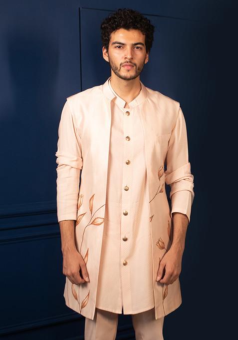 Peach Embroidered Onyx Brushed Open Jacket With Kurta Set For Men