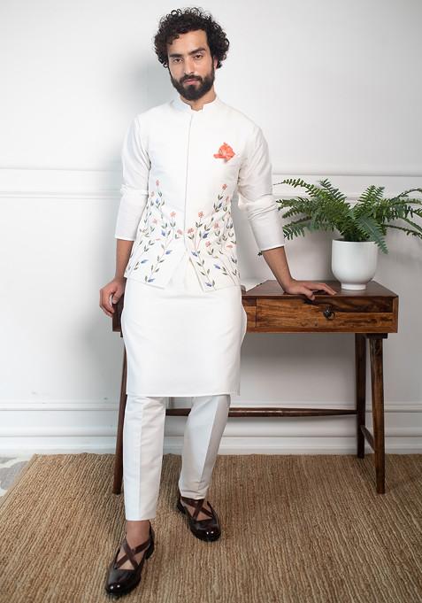 White Embroidered Vivid Floral Nehru Jacket Set For Men