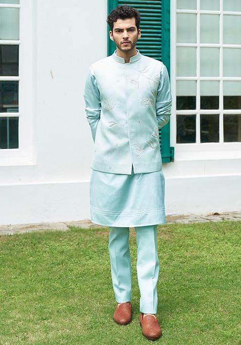 Shimmer Blue Embroidered Nehru Jacket Set For Men