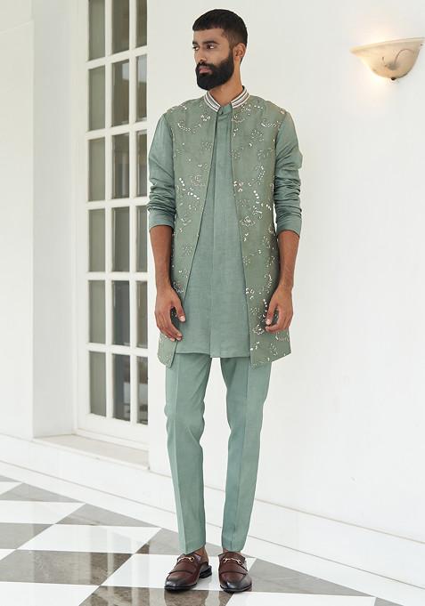 Sheen Green Embroidered Open Jacket With Kurta Set For Men