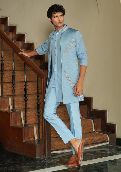 Ethereal Blue Embroidered Open Jacket With Kurta Set For Men