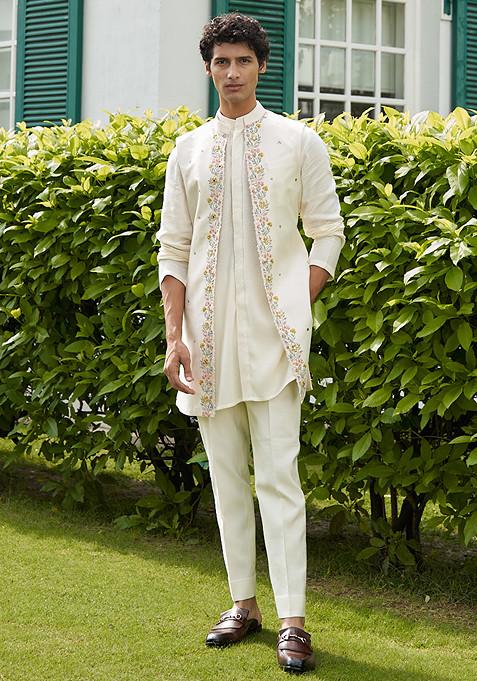 Blossom White Embroidered Open Jacket With Kurta Set For Men