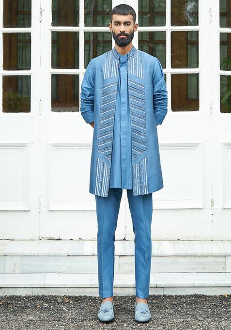 Linear Blue Embroidered Open Jacket With Kurta Set For Men