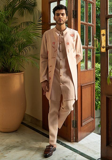 Caramel Peach Hand Painted Embroidered Open Jacket With Kurta Set For Men