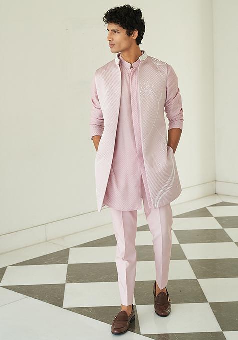Pale Lilac Embroidered Open Jacket With Kurta Set For Men