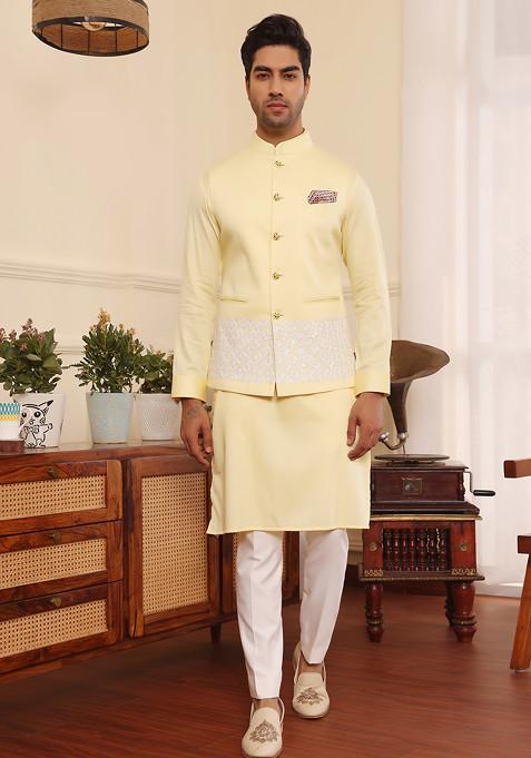 Lemon Yellow Embroidered Nehru Jacket And Kurta Set For Men