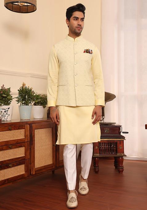 Lemon Yellow Sequin Embroidered Nehru Jacket And Kurta Set For Men